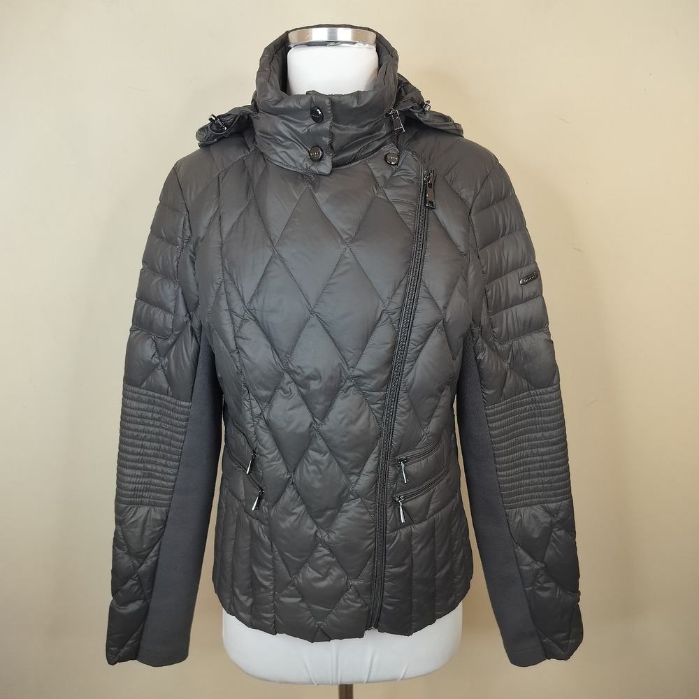 bebe Down Puffer Jacket Medium Quilted Moto Hooded Gray Quilted